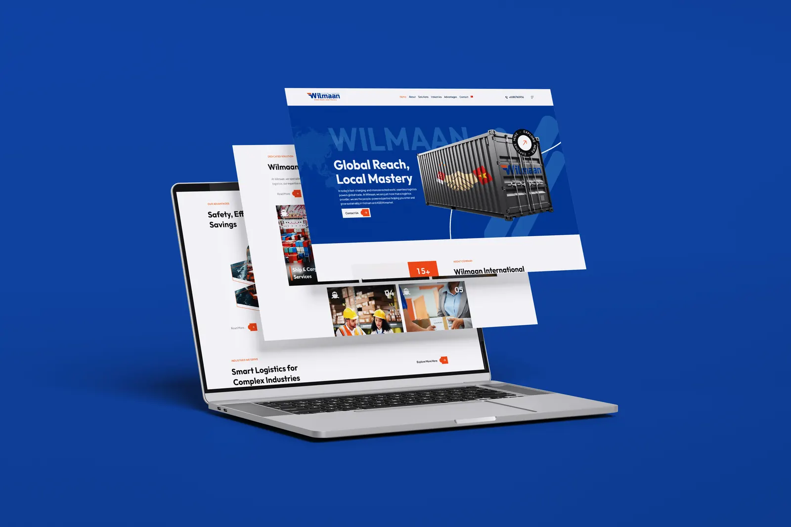 Wilmaan UI screens layered above a laptop mockup on a blue hero background