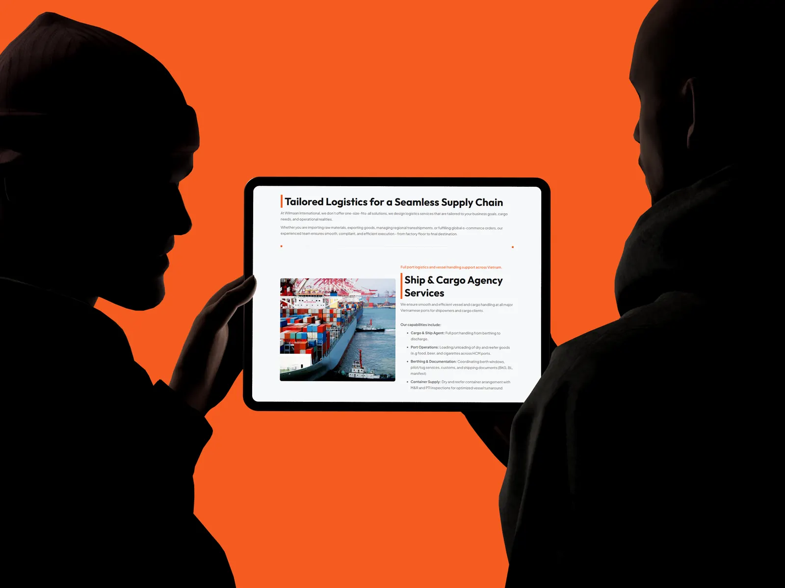 Silhouette-style composition showing Wilmaan UI in a framed device on orange background